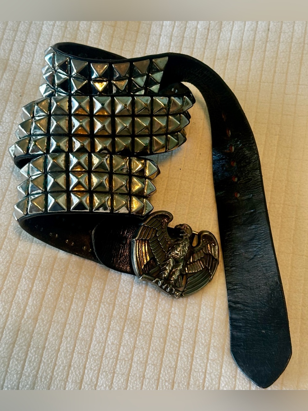 Vintage Black Leather Studded Belt w/Avon Eagle Belt Buckle. 40” (belt alone)